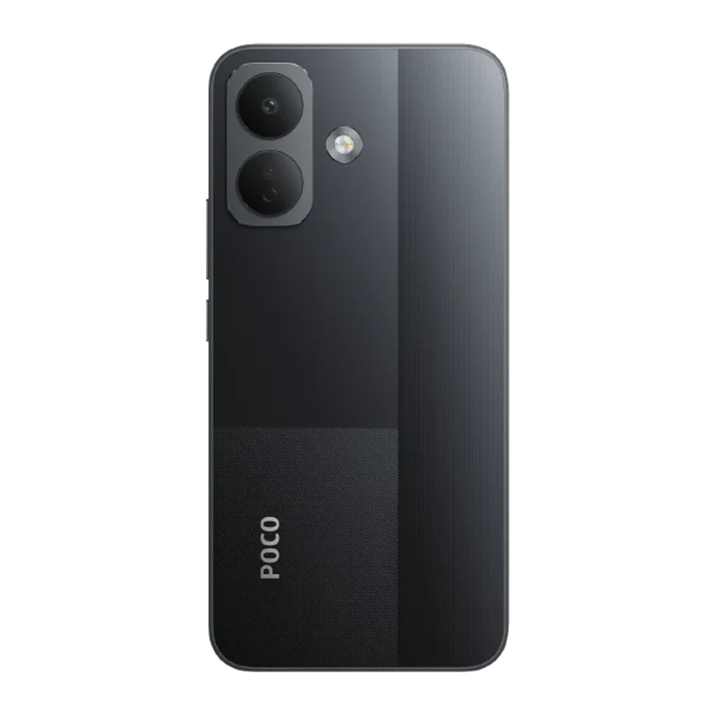 POCO X8 5G negro con trasera bicolor, dos cámaras grandes y flash, módulo minimalista y logo POCO inferior; diseño elegante y acabado mate/brillante