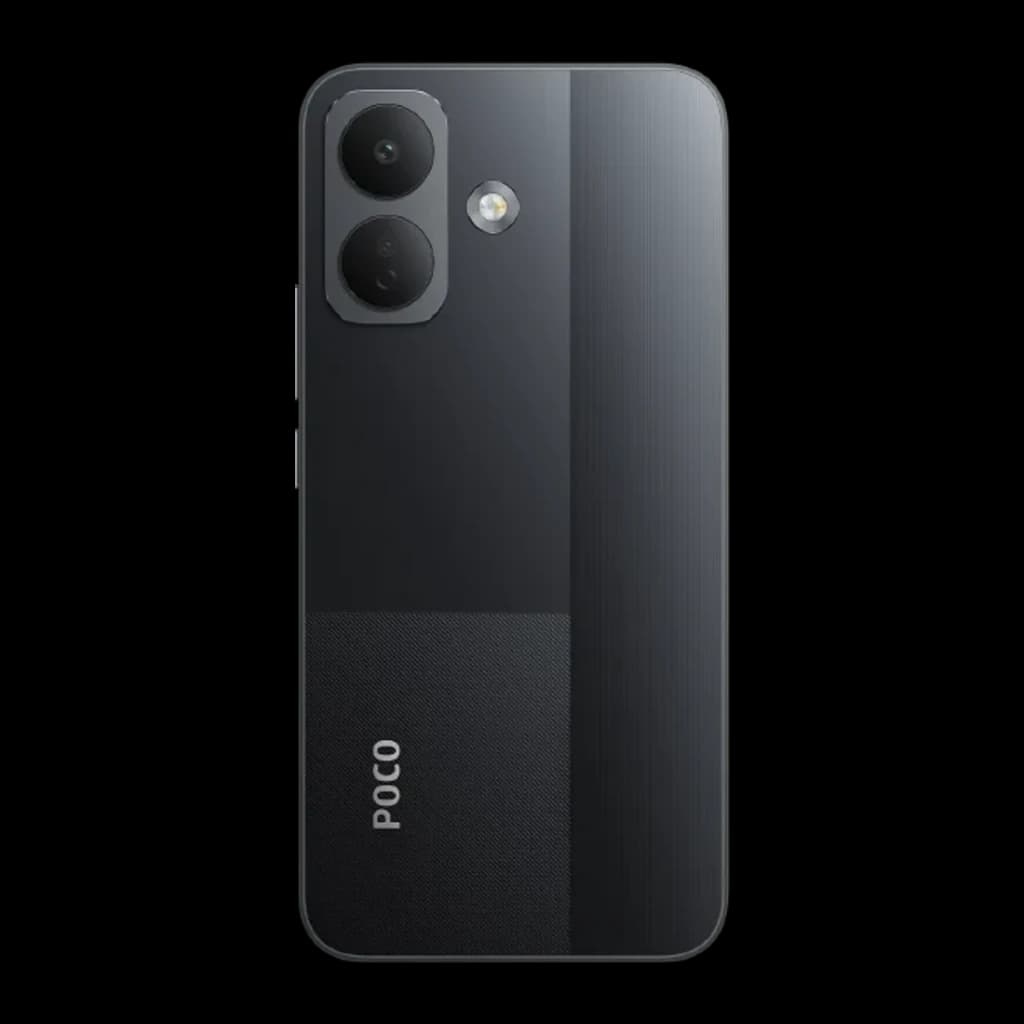 POCO X8 5G negro con trasera bicolor, dos cámaras grandes y flash, módulo minimalista y logo POCO inferior; diseño elegante y acabado mate/brillante