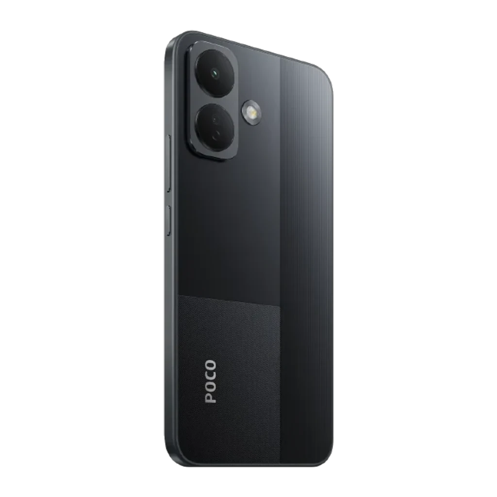 POCO X8 5G negro con tapa trasera bicolor, doble cámara trasera 50MP con OIS y flash, módulo vertical estilizado y acabado mate con brillo sutil
