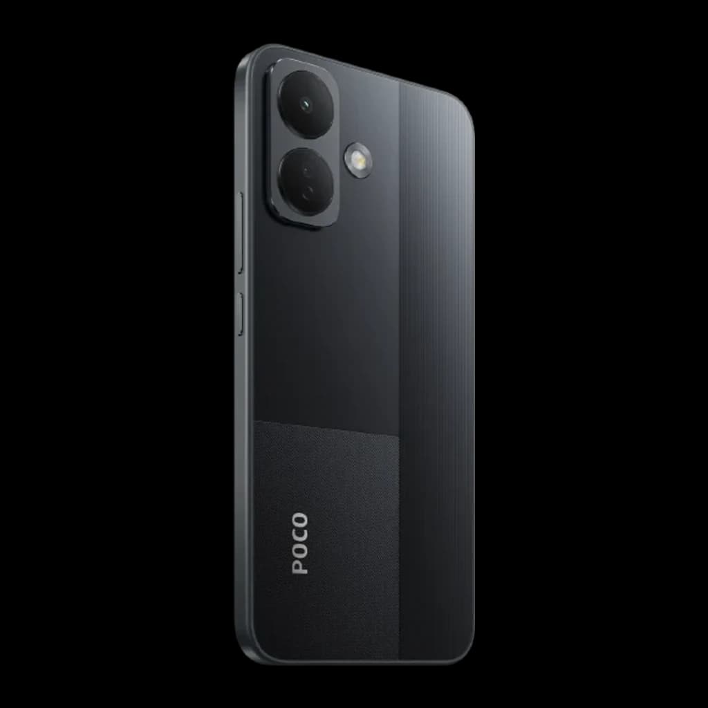 POCO X8 5G negro con tapa trasera bicolor, doble cámara trasera 50MP con OIS y flash, módulo vertical estilizado y acabado mate con brillo sutil