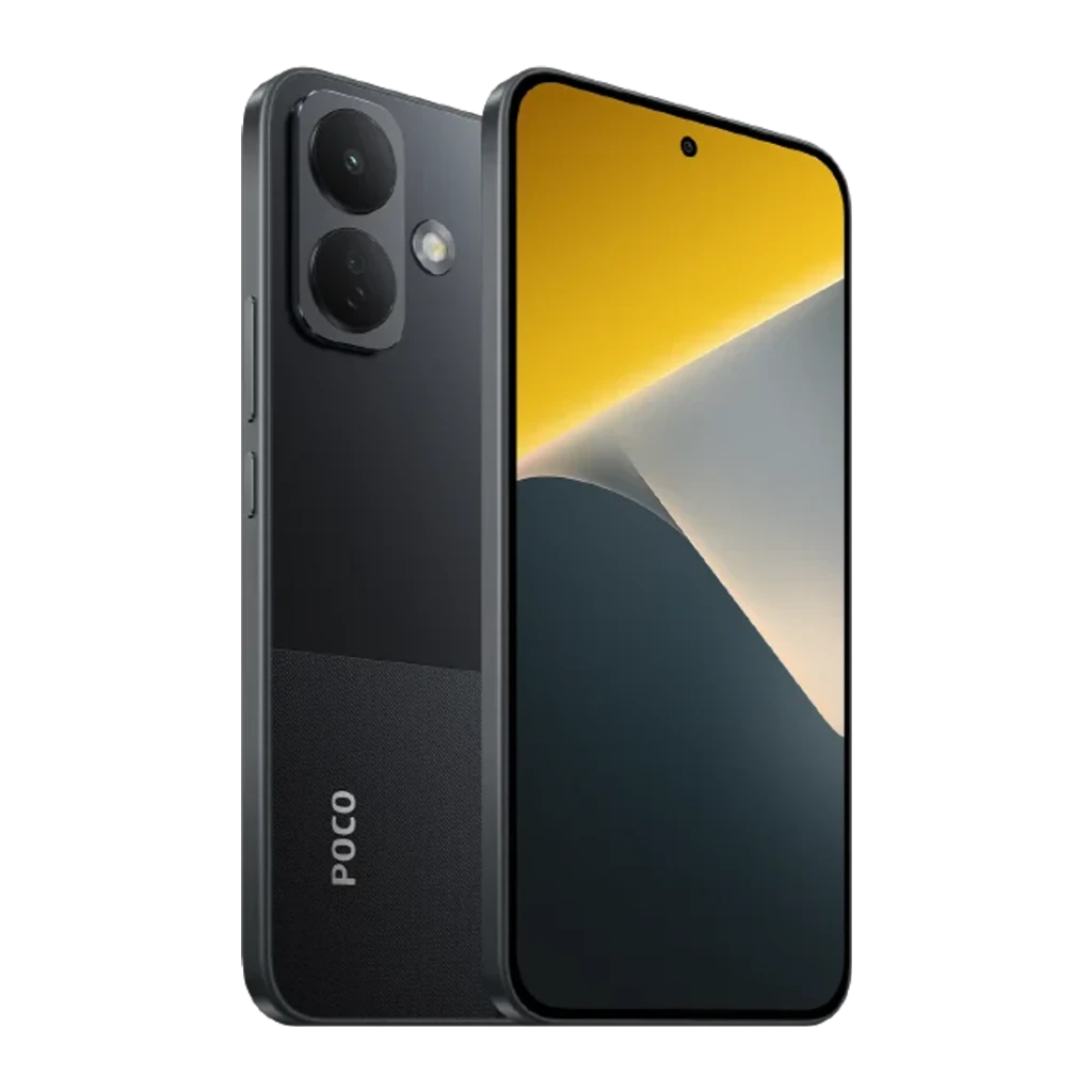 POCO X8 5G negro con pantalla AMOLED 6,59 pulg perforada, marco recto, doble cámara trasera grande con flash y acabado bicolor mate y brillo