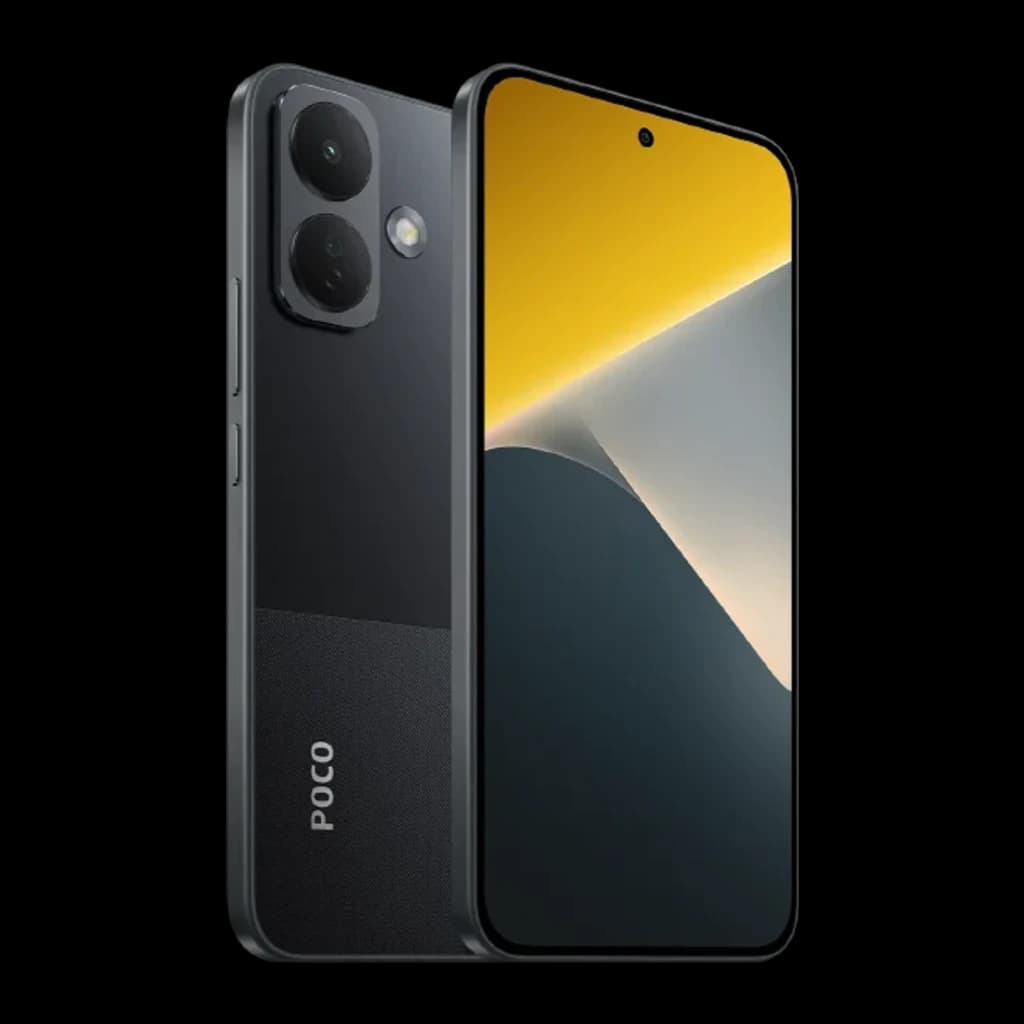 POCO X8 5G negro con pantalla AMOLED 6,59 pulg perforada, marco recto, doble cámara trasera grande con flash y acabado bicolor mate y brillo