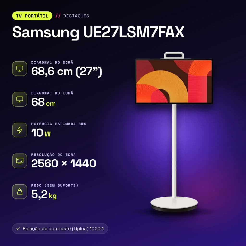 Téléviseur portable Samsung 27 pouces LED QHD 2560x1440 Tizen Smart TV Noir UE27LSM7FAX - caractéristiques
