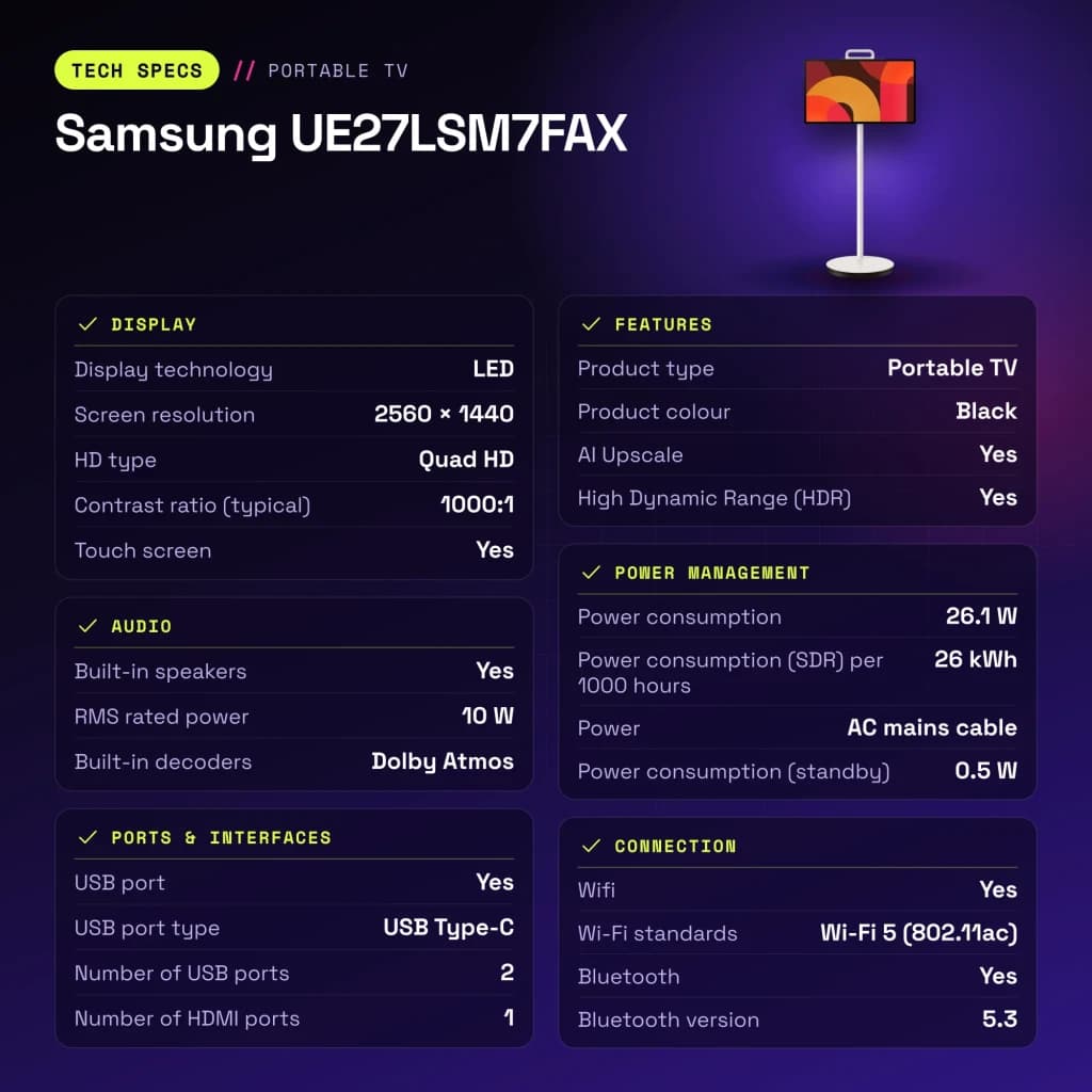 Téléviseur portable Samsung 27 pouces LED QHD 2560x1440 Tizen Smart TV Noir UE27LSM7FAX - caractéristiques