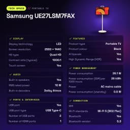 Téléviseur portable Samsung 27 pouces LED QHD 2560x1440 Tizen Smart TV Noir UE27LSM7FAX - caractéristiques