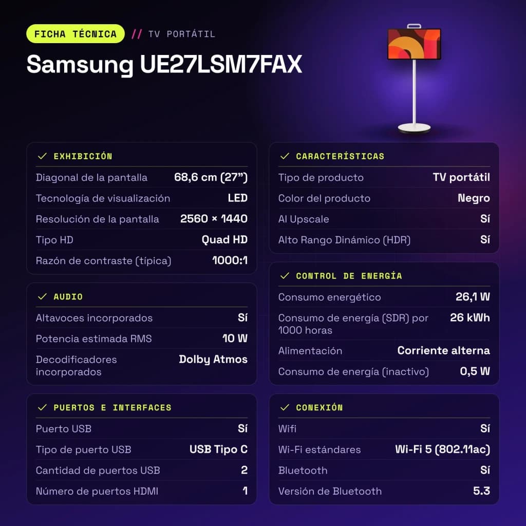 Téléviseur portable Samsung 27 pouces LED QHD 2560x1440 Tizen Smart TV Noir UE27LSM7FAX - caractéristiques