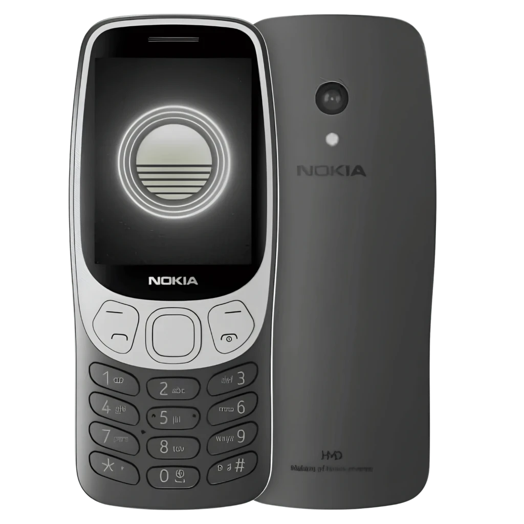 HMD Nokia 3210 2024 preto com teclado físico, tela LCD 2.4, câmera traseira única, formato curvo clássico, suporte 4G e slot microSD
