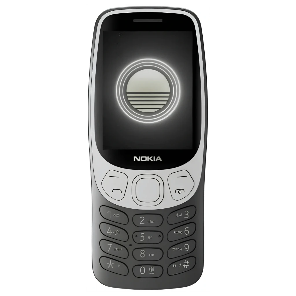 HMD Nokia 3210 2024 preto com tela LCD 2.4, teclado físico emborrachado, botões grandes, corpo curvo cinza e preto, suporte 4G e slot microSD