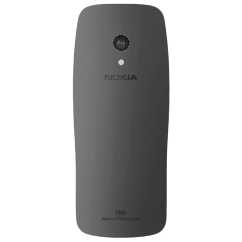 HMD Nokia 3210 2024 preto visto de trás com tampa lisa, câmera única central e flash, logotipo Nokia ao centro. Acabamento fosco, design curvo compacto