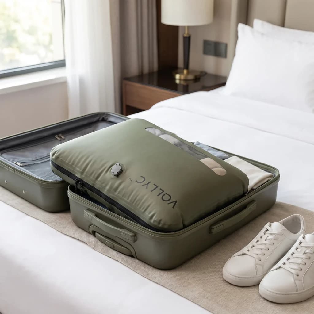 Sac de compression Flextail EZYPACK 25L Vert Nylon 70D TPU imperméable 35×50×11 cm, en utilisation: dans valise ouverte