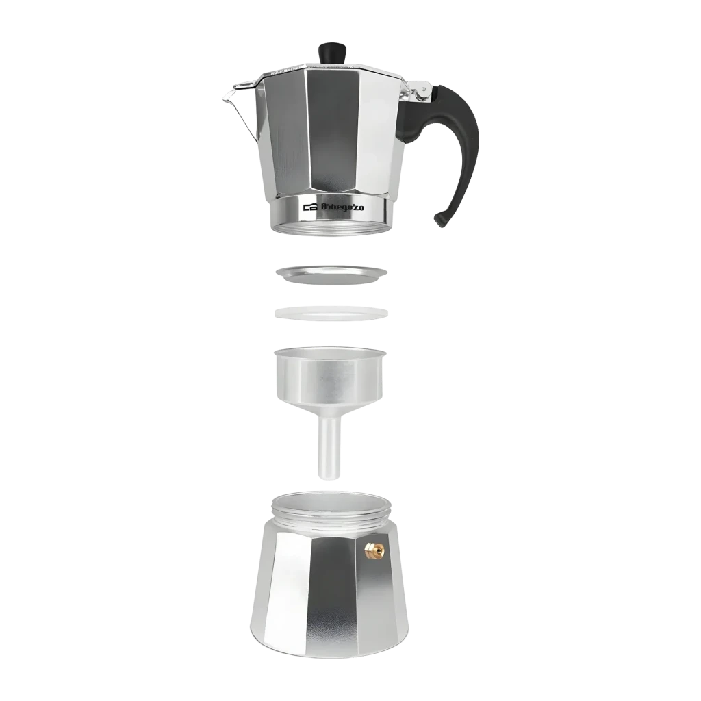 Cafetera italiana Orbegozo KF 600 Gas, Eléctrica, Vitrocerámica 6 tazas Plata, detalle: vista explosionada con cuerpo