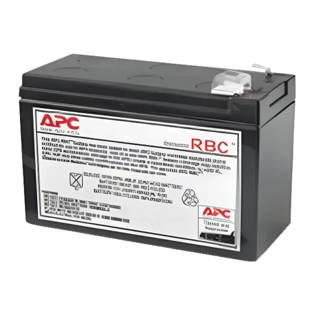 Cartucho de Batería de Reemplazo APC 84 VAh 12V Negro APCRBC110, vista frontal en ángulo: carcasa negra con etiqueta RBC