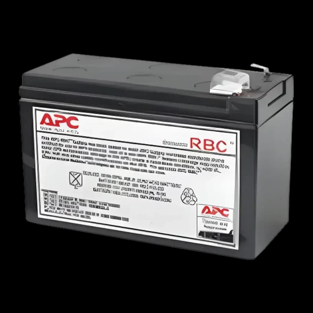 Cartucho de Batería de Reemplazo APC 84 VAh 12V Negro APCRBC110, vista frontal en ángulo: carcasa negra con etiqueta RBC