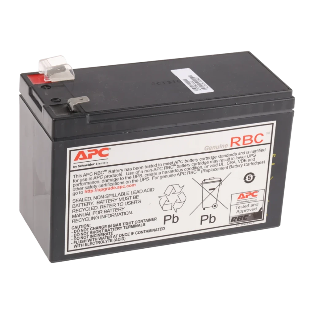 Cartucho de Batería de Reemplazo APC 84 VAh 12V Negro APCRBC110, vista lateral: etiqueta RBC, terminales y cuerpo