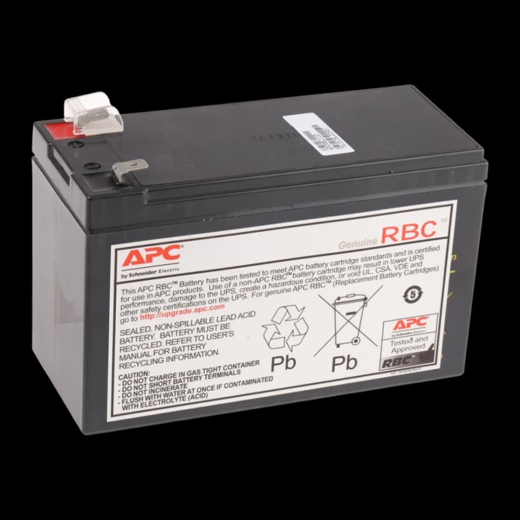 Cartucho de Batería de Reemplazo APC 84 VAh 12V Negro APCRBC110, vista lateral: etiqueta RBC, terminales y cuerpo
