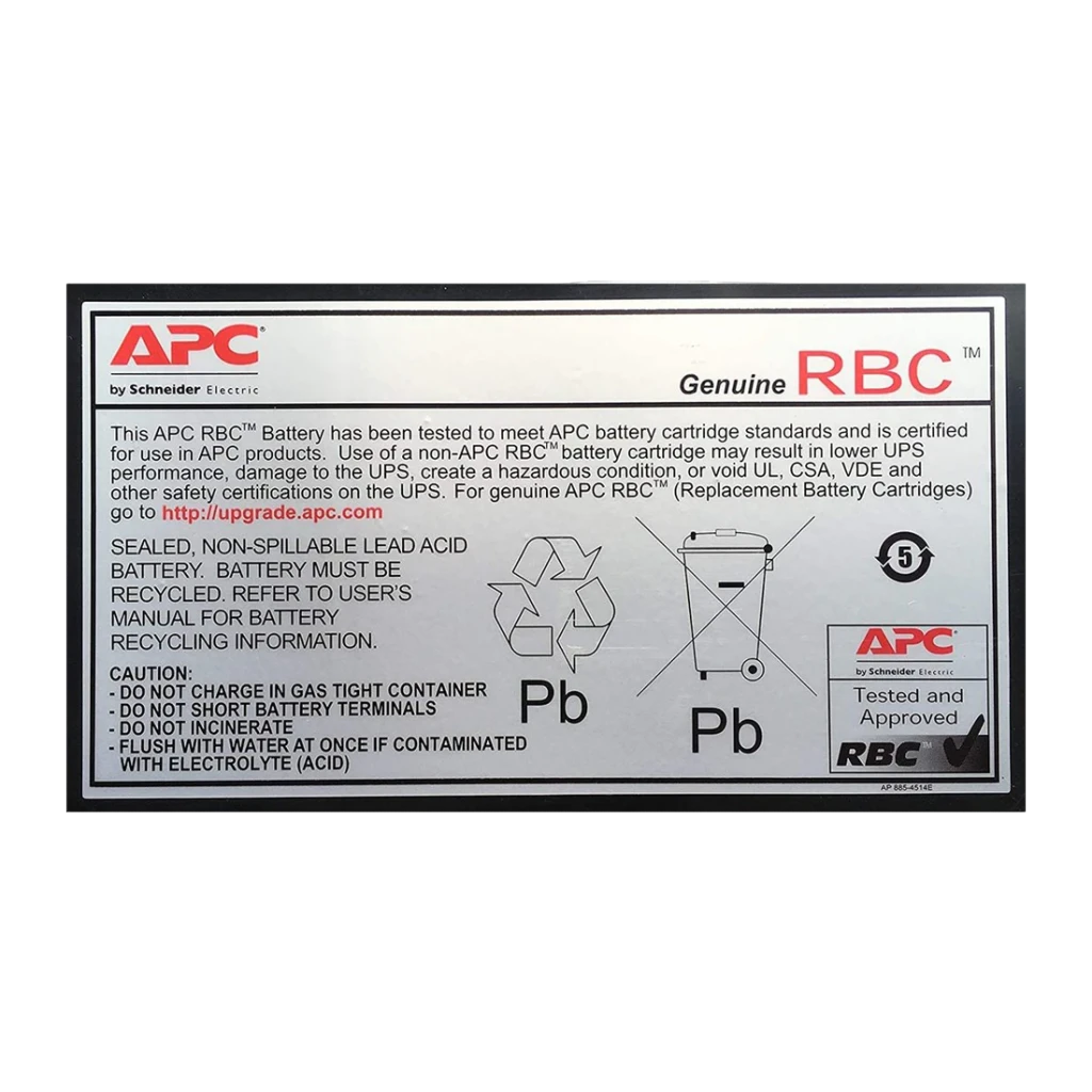 Cartucho de Batería de Reemplazo APC 84 VAh 12V Negro APCRBC110, etiqueta: sello Genuine RBC, advertencias de seguridad