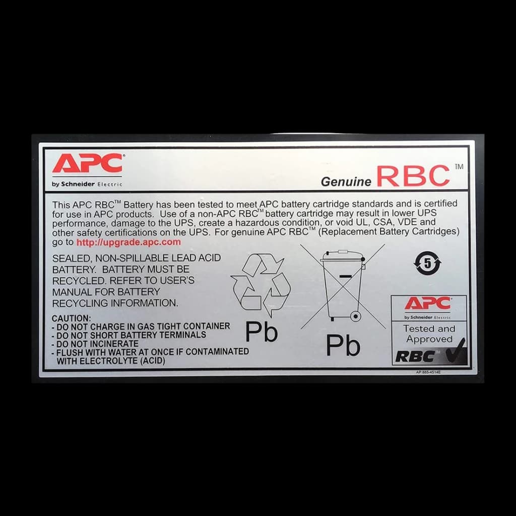 Cartucho de Batería de Reemplazo APC 84 VAh 12V Negro APCRBC110, etiqueta: sello Genuine RBC, advertencias de seguridad