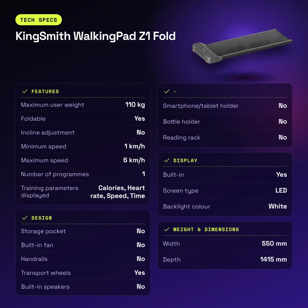Passadeira KingSmith WalkingPad Z1 Fold Cinzento Dobrável 6km/h - características