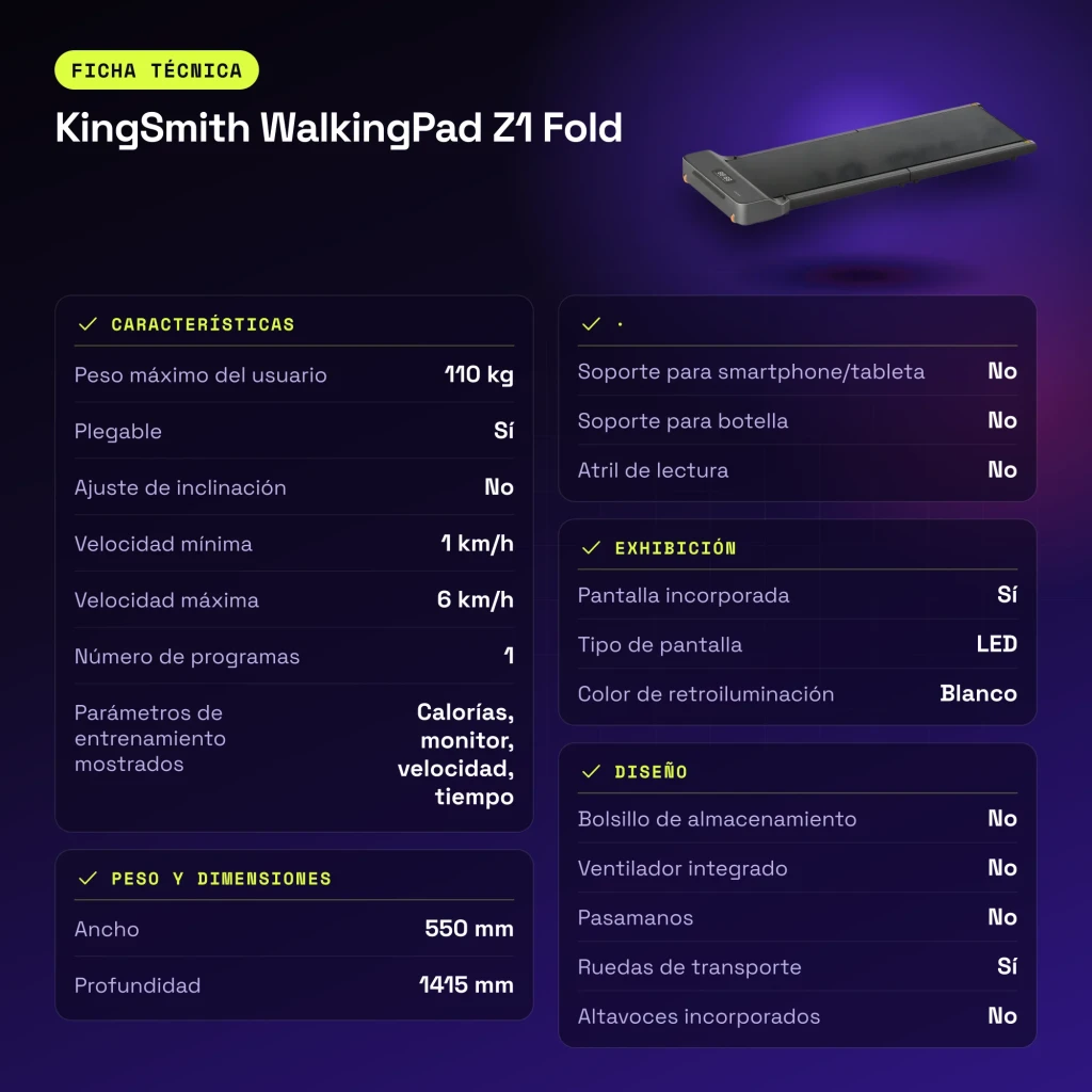 Passadeira KingSmith WalkingPad Z1 Fold Cinzento Dobrável 6km/h - características