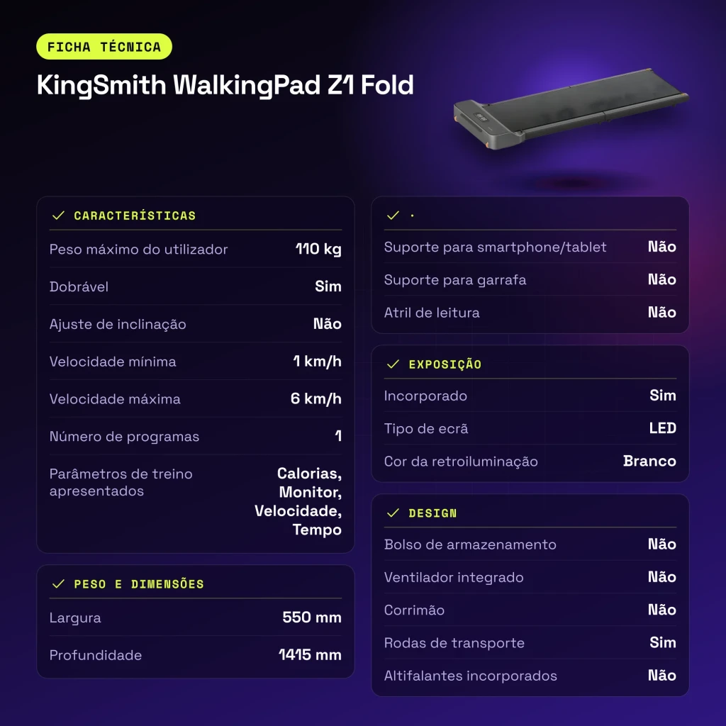 Passadeira KingSmith WalkingPad Z1 Fold Cinzento Dobrável 6km/h - características