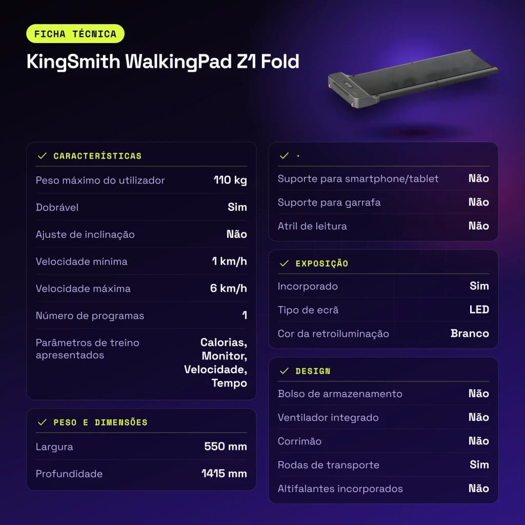 Passadeira KingSmith WalkingPad Z1 Fold Cinzento Dobrável 6km/h - características