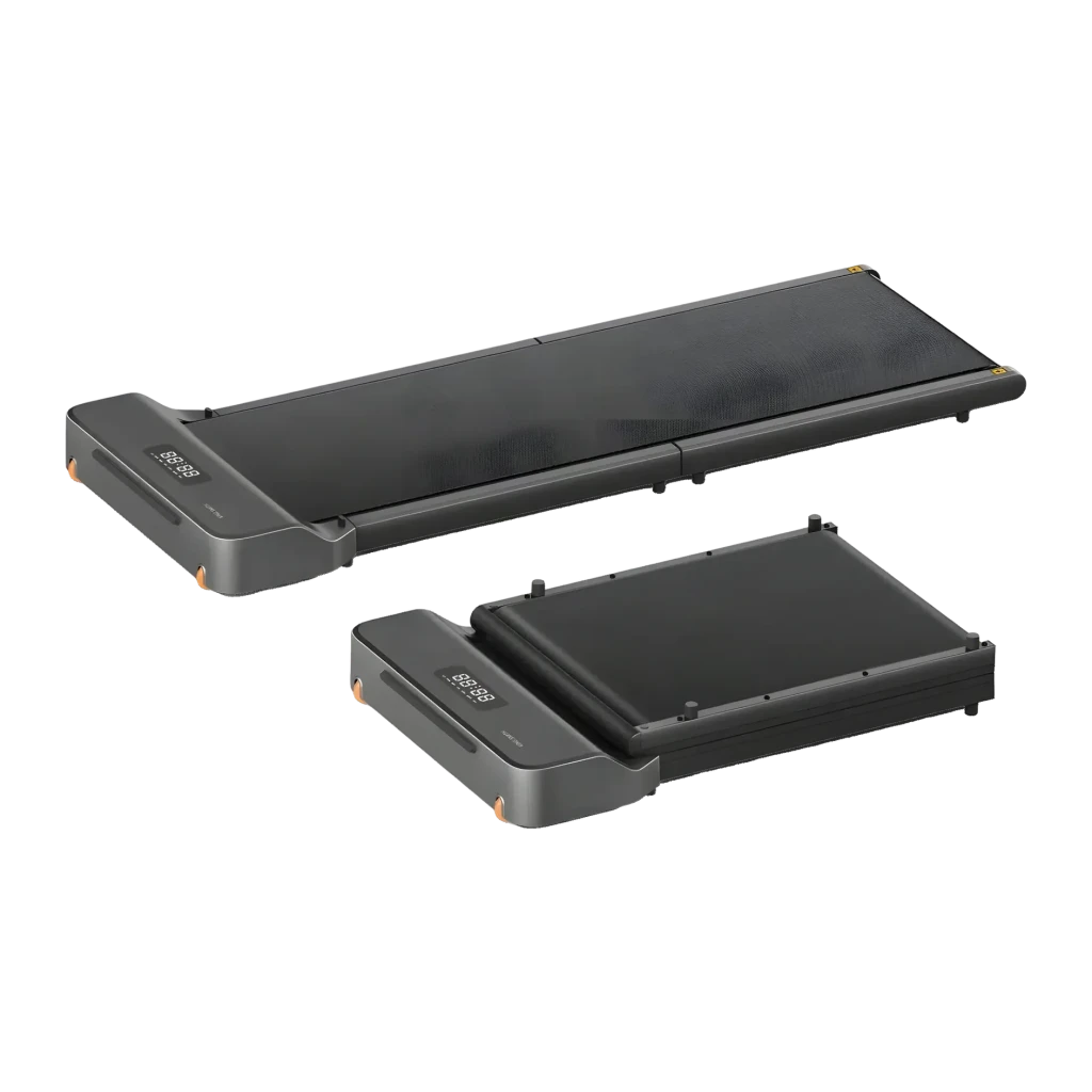 Passadeira KingSmith WalkingPad Z1 Fold Cinzento Dobrável 6km/h, vista comparativa: desdobrada e dobrada em perspetiva