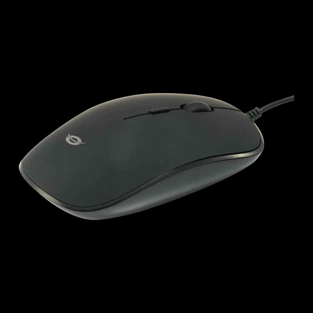 Ratón Conceptronic Negro Con cable Ambidiestro REGAS01B, vista lateral: perfil liso, rueda central, logo y cable negro