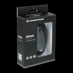 Ratón Conceptronic Negro Con cable Ambidiestro REGAS01B, caja: packaging negro en ángulo con ventana que muestra el ratón