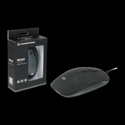 Ratón Conceptronic Negro Con cable Ambidiestro REGAS01B, vista lateral con caja: ratón y packaging REGAS negro sobre fondo