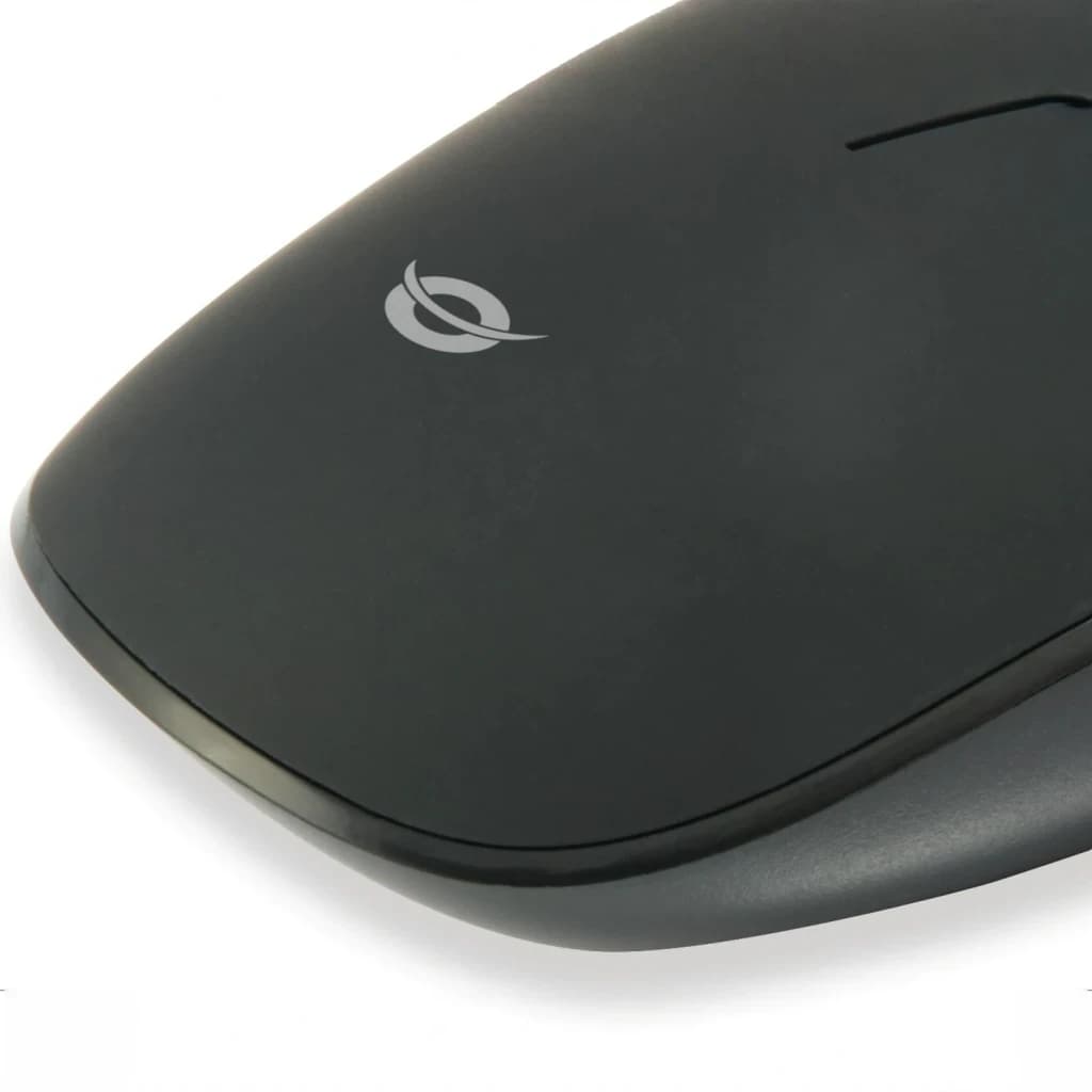 Ratón Conceptronic Negro Con cable Ambidiestro REGAS01B, en uso: primer plano superior con logo Conceptronic en carcasa mate