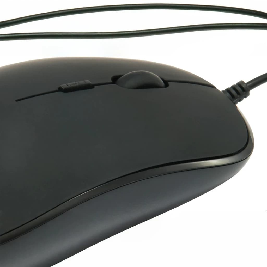 Ratón Conceptronic Negro Con cable Ambidiestro REGAS01B, en uso: vista superior en detalle, rueda de scroll y cable negro