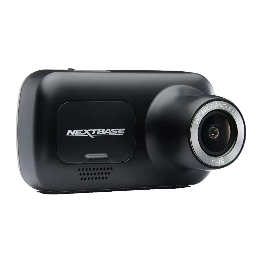 Dashcam Nextbase 222G Full HD Noir 1080p 30fps GPS Vision nocturne, détail: objectif grand angle 140° F1.6 et logo Nextbase