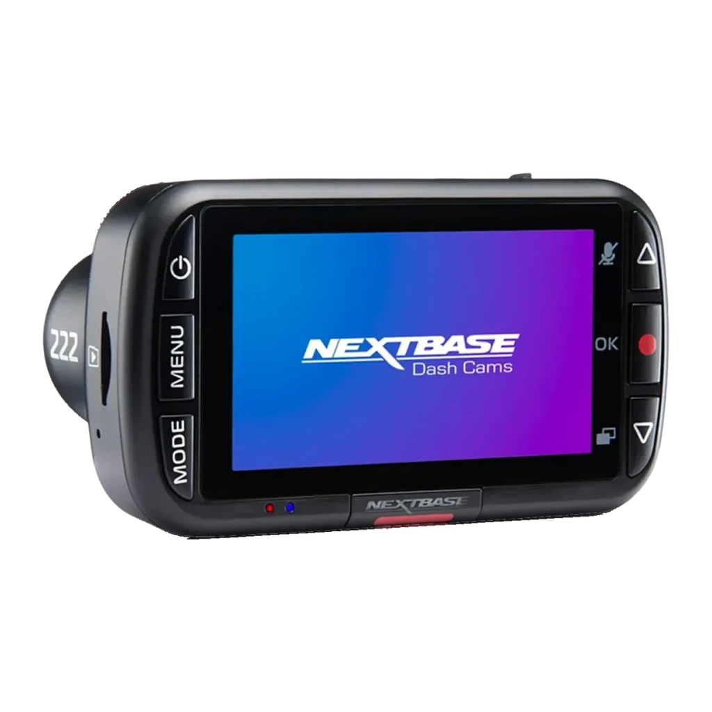 Dashcam Nextbase 222G Full HD Noir 1080p 30fps GPS Vision nocturne, vue arrière: écran allumé avec logo, boutons MODE, MENU