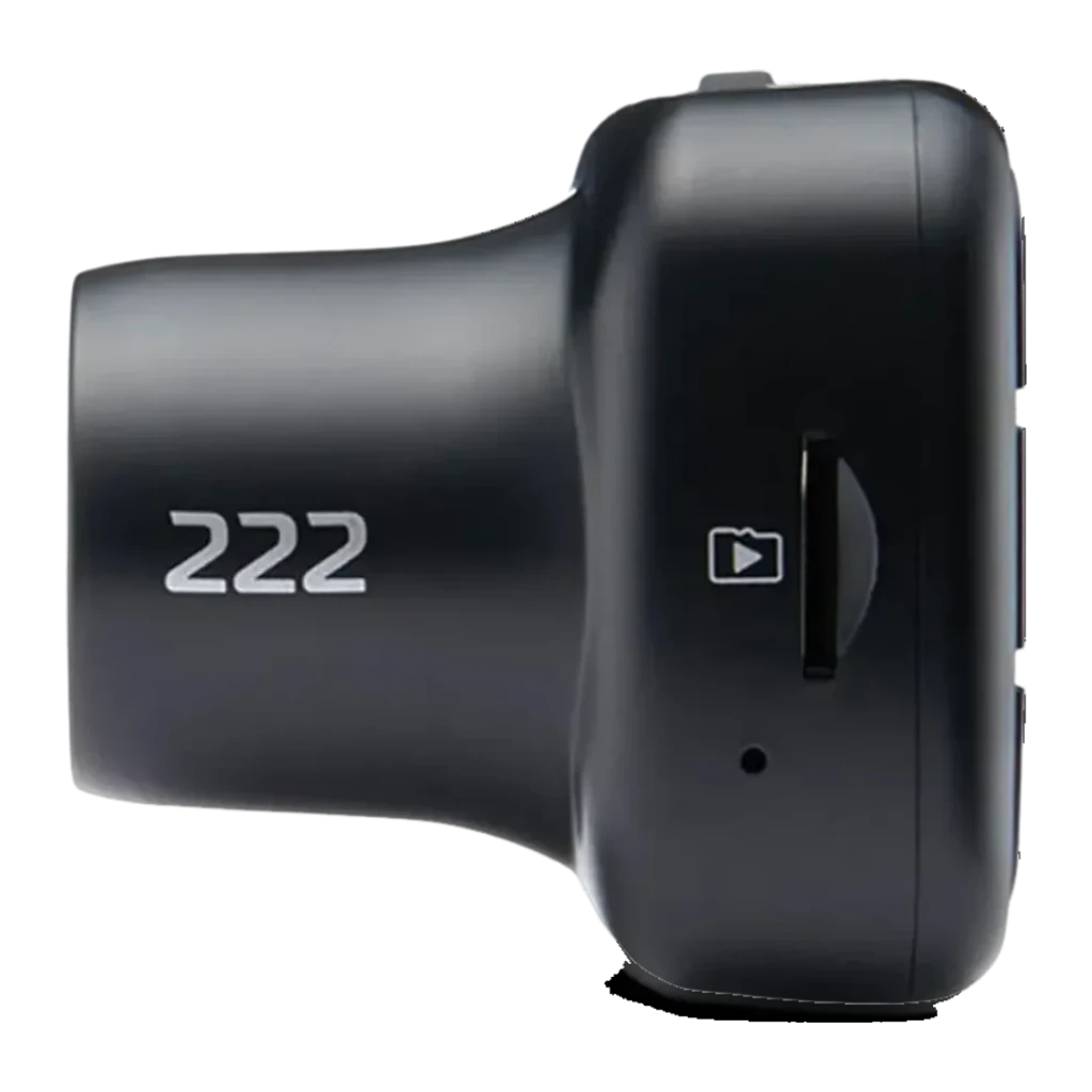 Dashcam Nextbase 222G Full HD Noir 1080p 30fps GPS Vision nocturne, détail latéral: numéro 222 gravé et slot microSD visible