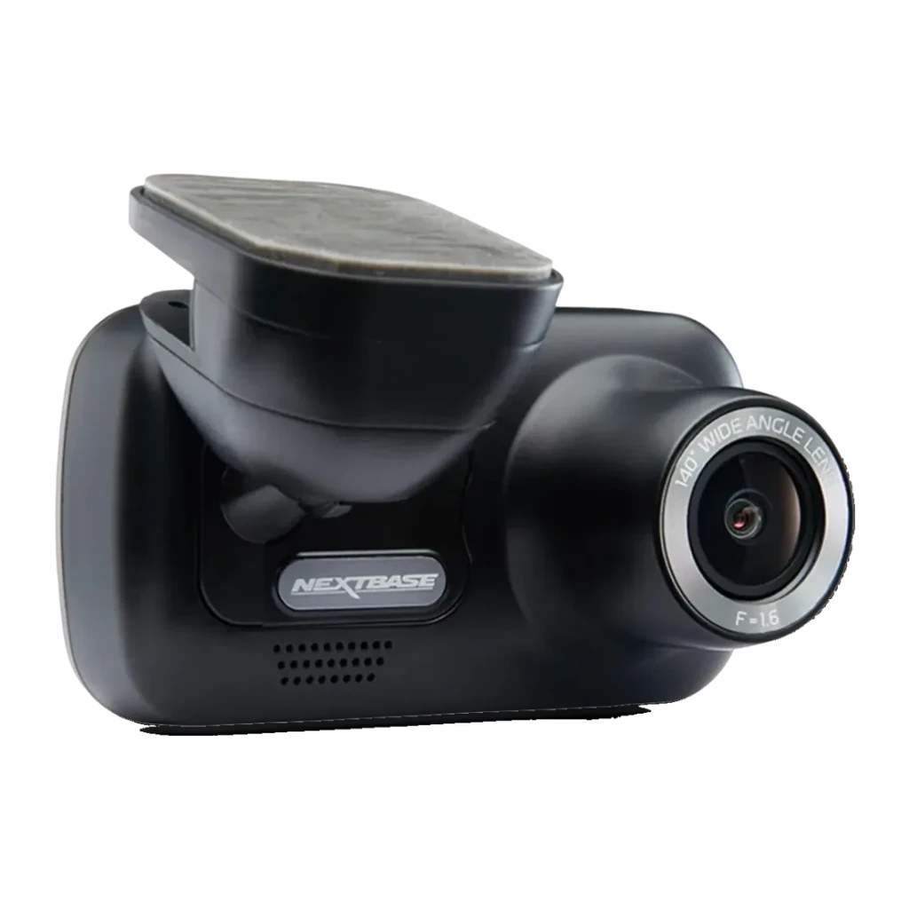 Dashcam Nextbase 222G Full HD Noir 1080p 30fps GPS Vision nocturne, détail: objectif grand angle 140° F1.6 et logo latéral