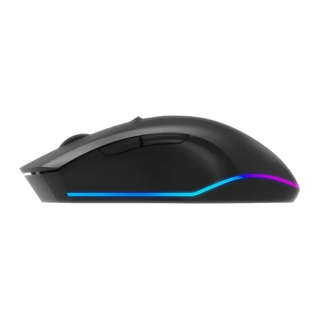 Souris Gaming Gembird Firebolt Sans Fil 3200 DPI RGB Noir MUSGW-6BL-02, vue latérale: bande RGB bleue et violette sur la base