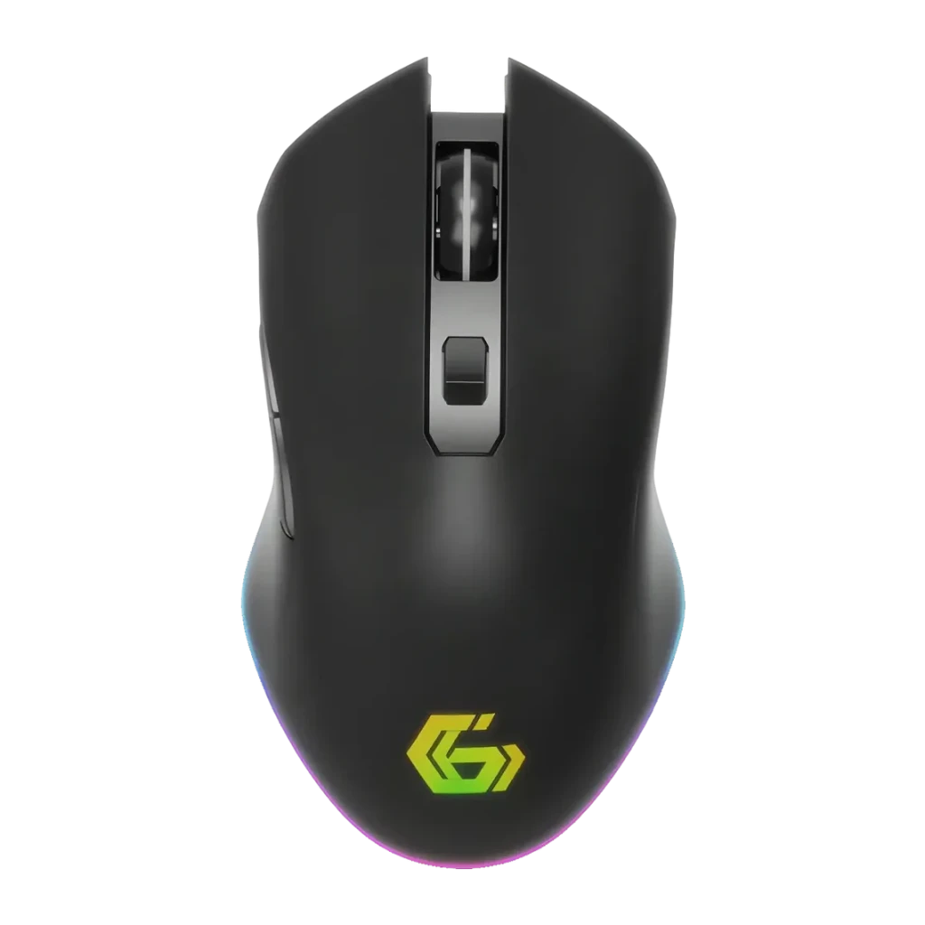 Souris Gaming Gembird Firebolt Sans Fil 3200 DPI RGB Noir MUSGW-6BL-02, vue du dessus: logo G RGB éclairé et molette centrale