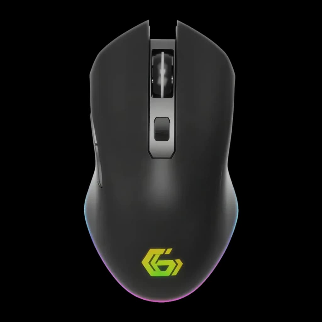 Ratón Gaming Gembird Firebolt Inalámbrico 3200 DPI RGB Negro MUSGW-6BL-02, vista superior: logo G iluminado RGB y rueda