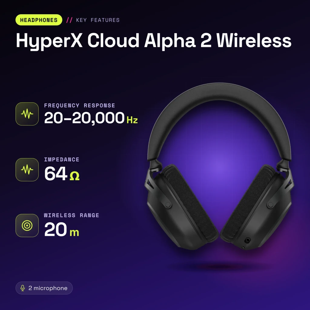 Casque Gaming HyperX Cloud Alpha 2 Wireless Sans Fil Microphone - caractéristiques