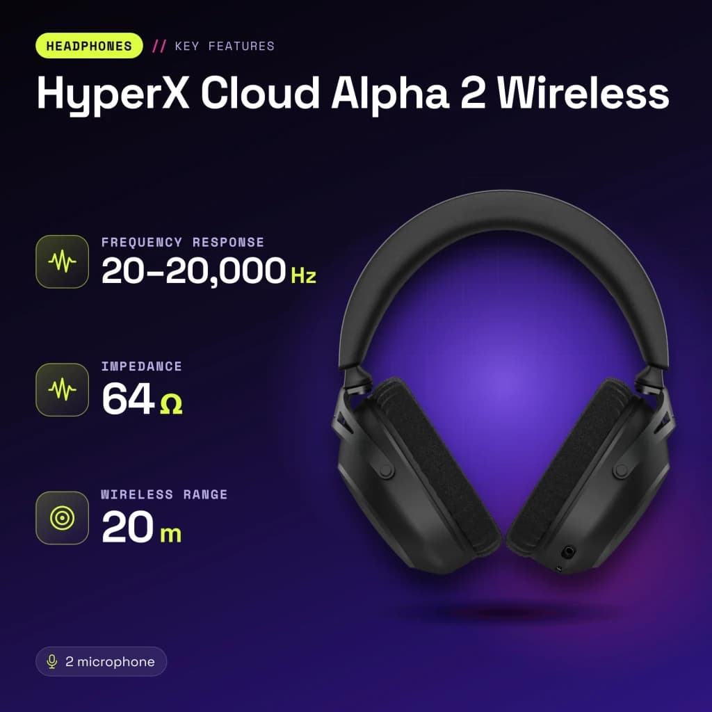 Casque Gaming HyperX Cloud Alpha 2 Wireless Sans Fil Microphone - caractéristiques