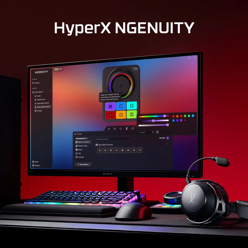 Casque Gaming HyperX Cloud Alpha 2 Wireless Sans Fil Microphone, lifestyle: logiciel NGENUITY sur écran avec casque et base