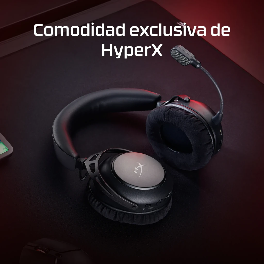 Casque Gaming HyperX Cloud Alpha 2 Wireless Sans Fil Microphone, vue latérale: coussinets en tissu et microphone flexible