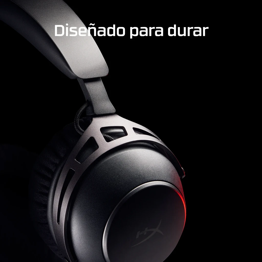 Casque Gaming HyperX Cloud Alpha 2 Wireless Sans Fil Microphone, détail latéral: oreillette droite avec éclairage RGB rouge