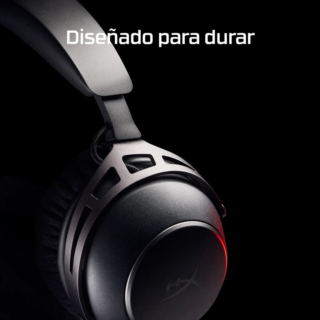 Casque Gaming HyperX Cloud Alpha 2 Wireless Sans Fil Microphone, détail latéral: oreillette droite avec éclairage RGB rouge