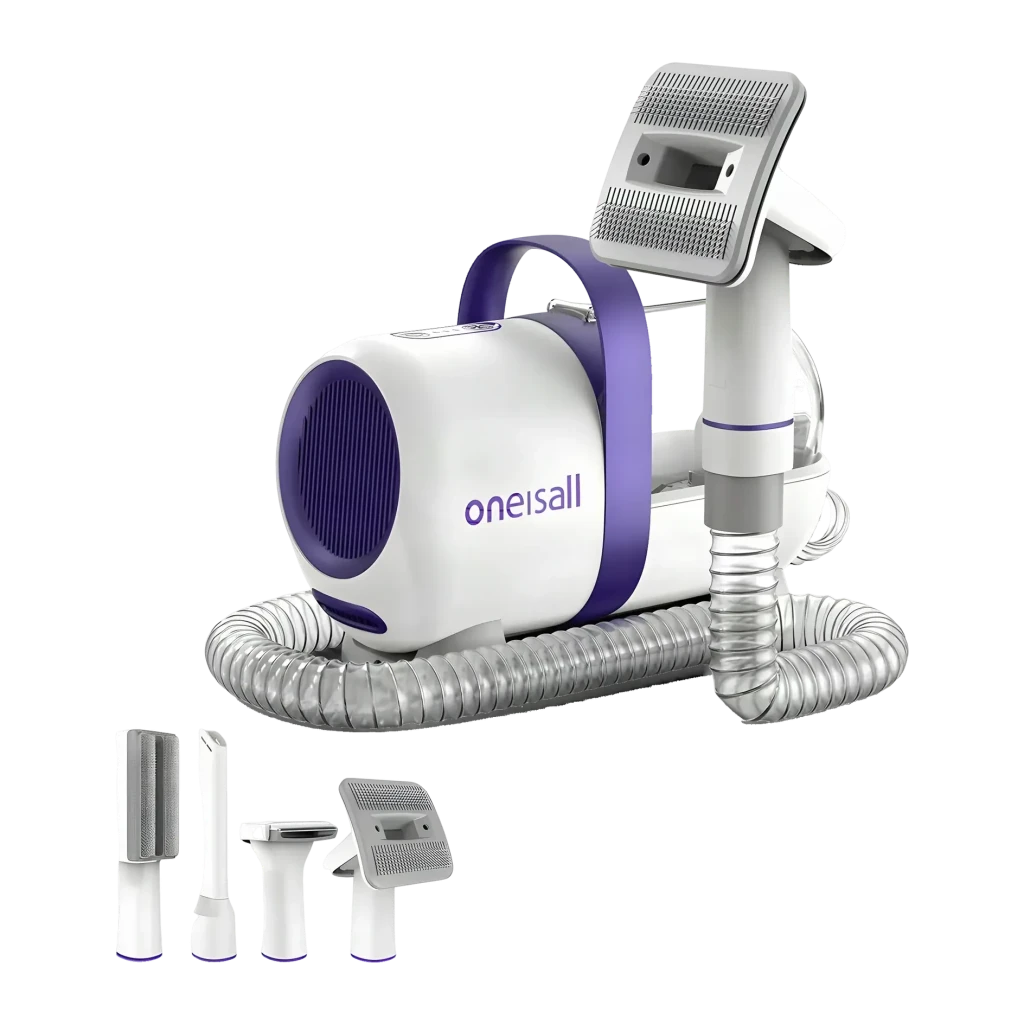 Kit de aseo Oneisall LM5 Perros y gatos, vista frontal: unidad principal blanca y morada con manguera flexible y 4