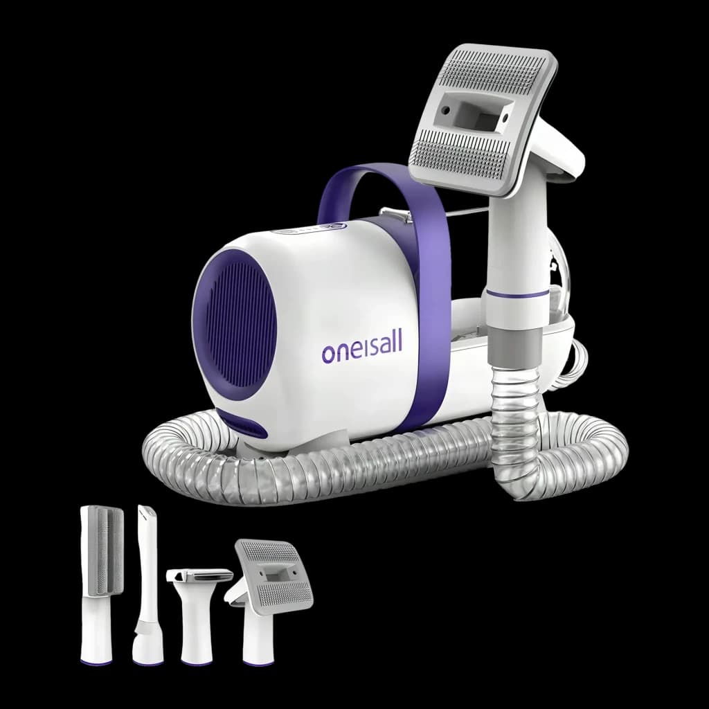 Kit de aseo Oneisall LM5 Perros y gatos, vista frontal: unidad principal blanca y morada con manguera flexible y 4