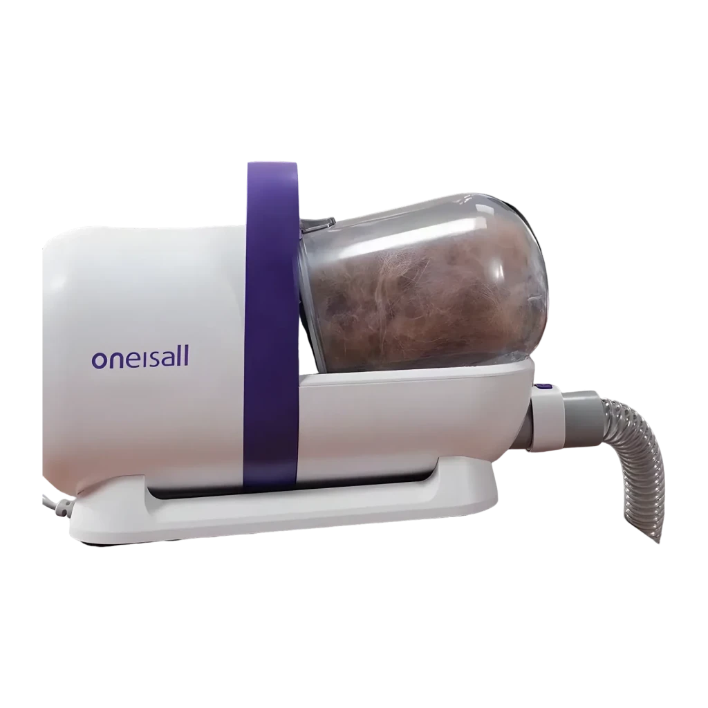 Kit de aseo Oneisall LM5 Perros y gatos, detalle: depósito transparente lleno de pelo recogido y manguera flexible lateral