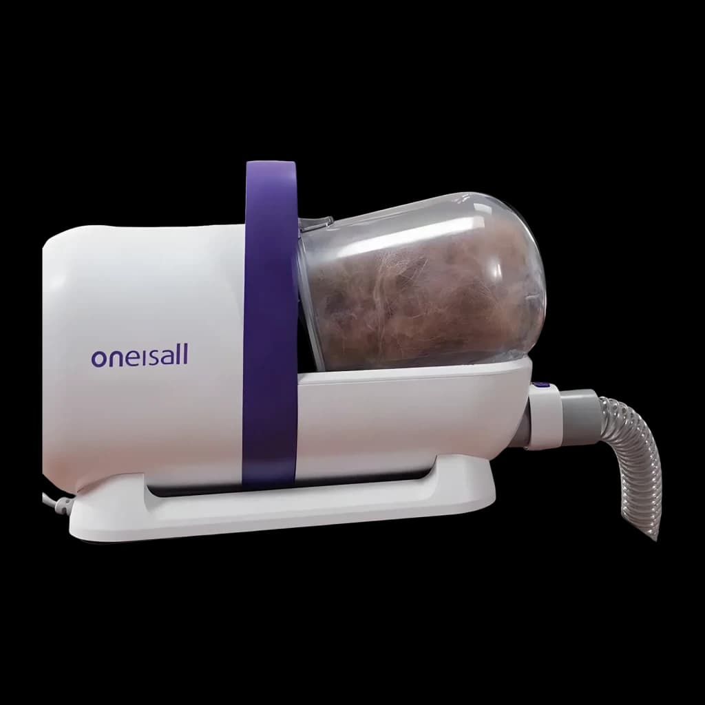 Kit de aseo Oneisall LM5 Perros y gatos, detalle: depósito transparente lleno de pelo recogido y manguera flexible lateral