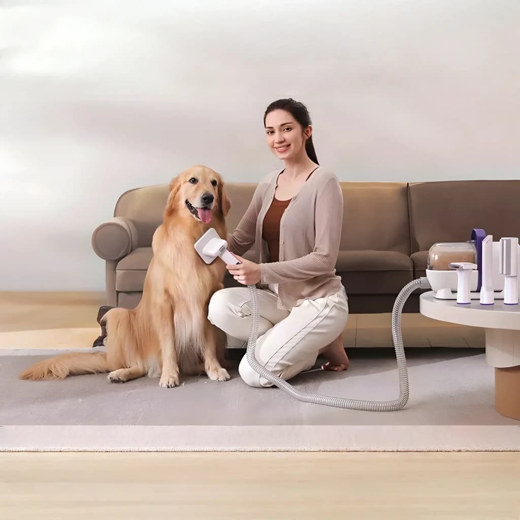 Kit de aseo Oneisall LM5 Perros y gatos, en uso: mujer cepillando un golden retriever con accesorio y manguera flexible
