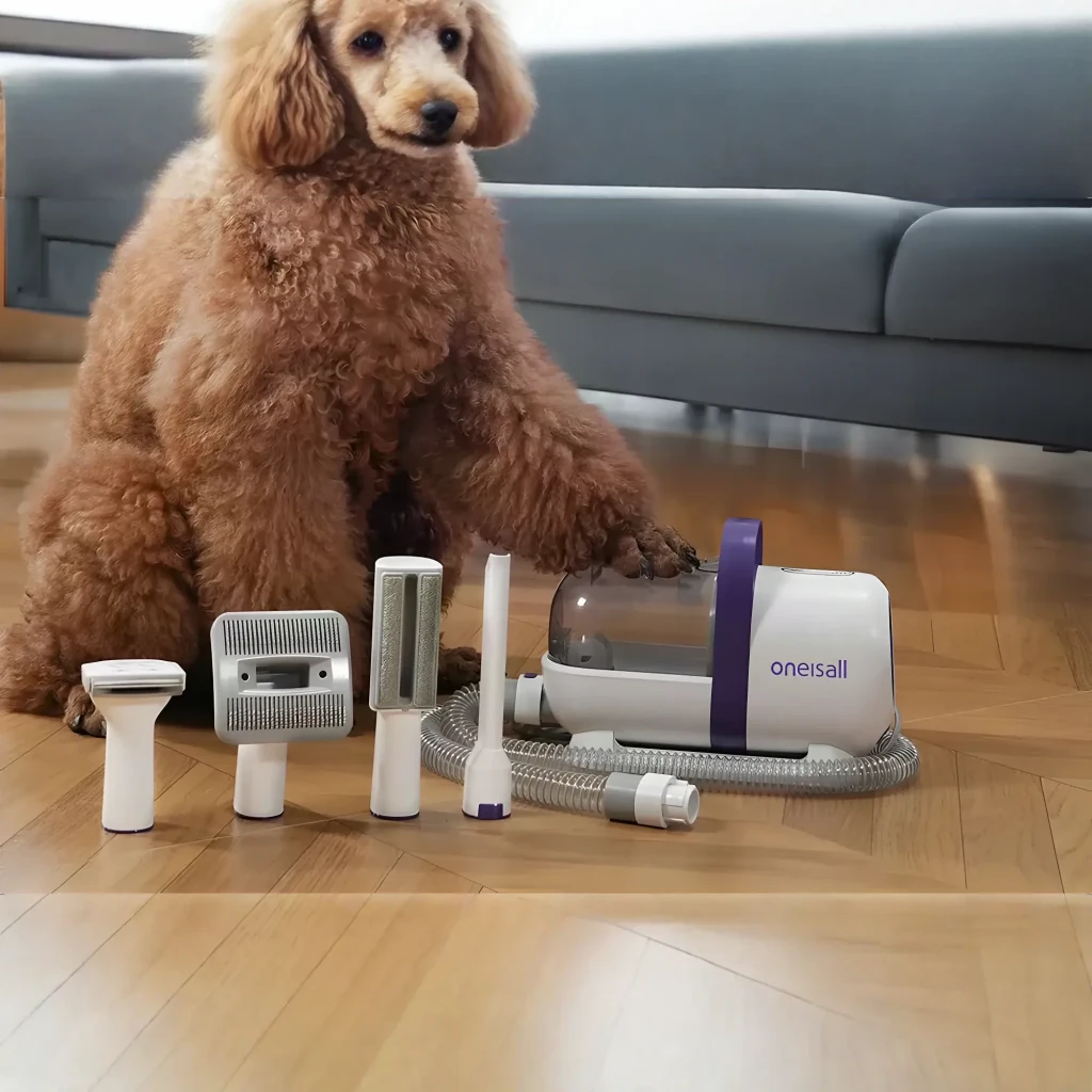 Kit de aseo Oneisall LM5 Perros y gatos, en uso: caniche junto a la aspiradora y 4 accesorios sobre suelo de madera